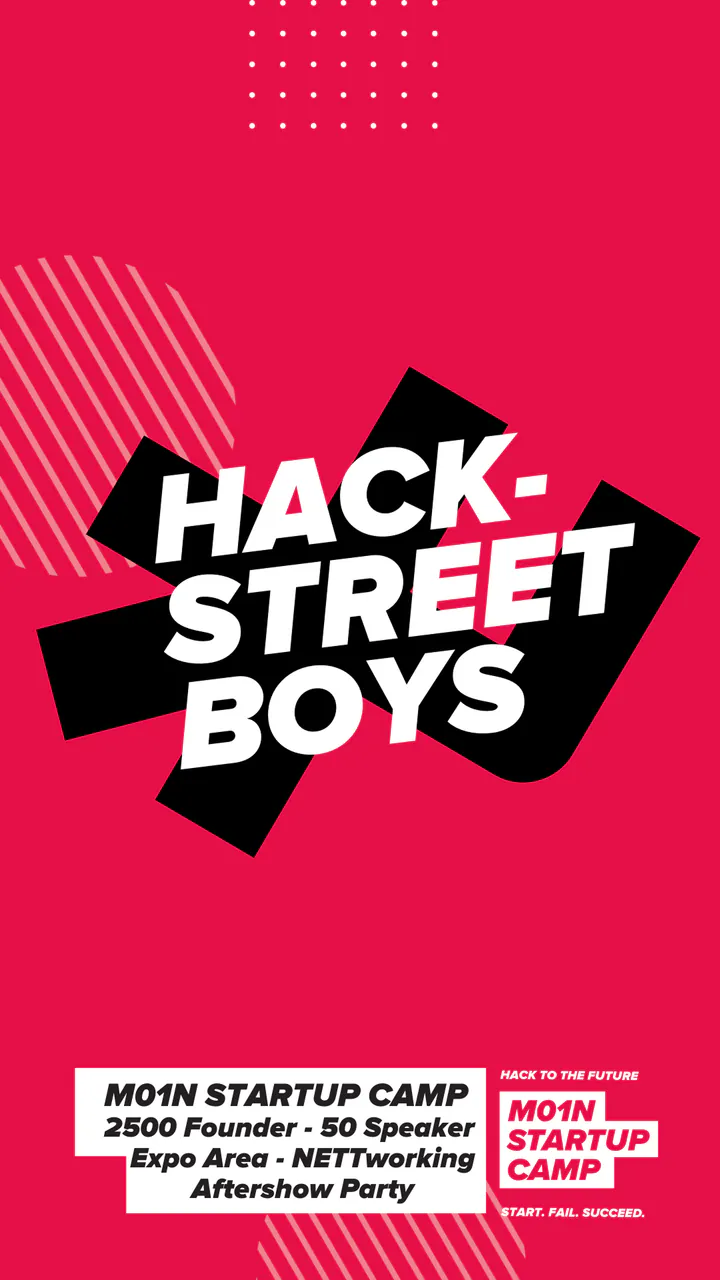 M01N Startup Camp poster “Hack-Street Boys”: white slogan on the black M01N mark, on M01N red