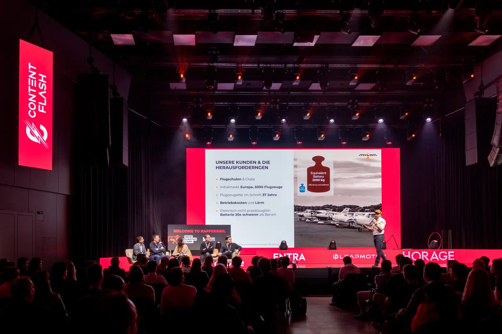 A founder pitches on the M01N Main Stage in front of the jury and a full audience at ENTRA Rapperswil