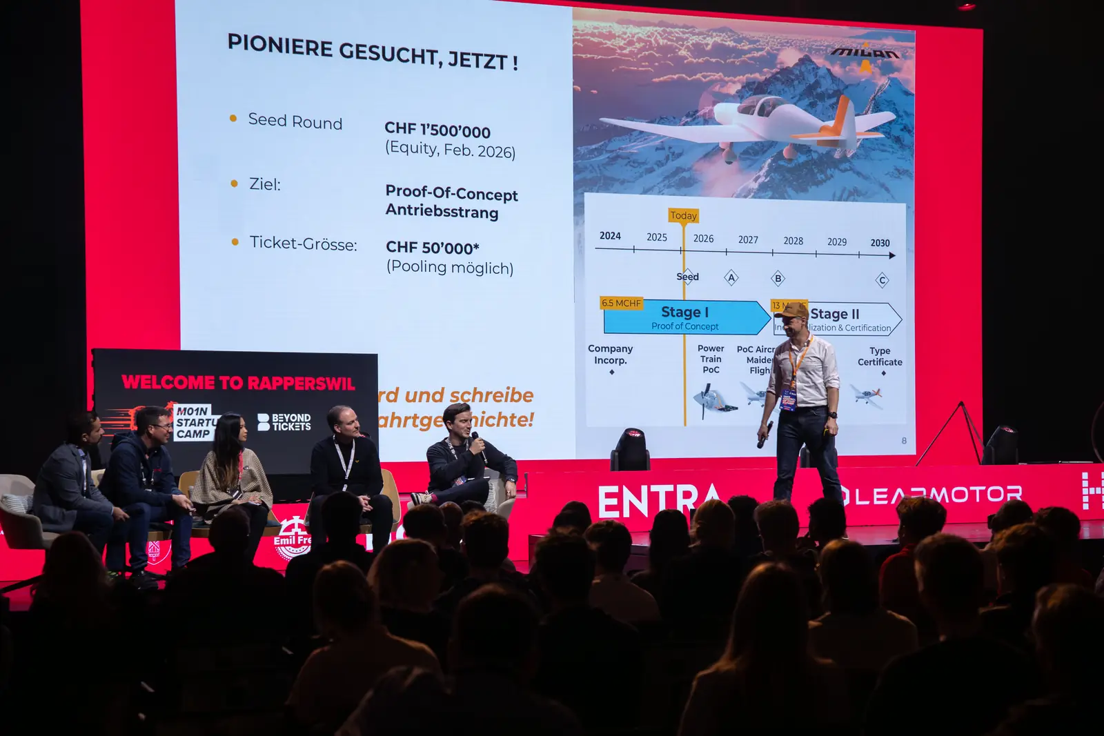 A founder presents his seed round on stage while the jury asks questions