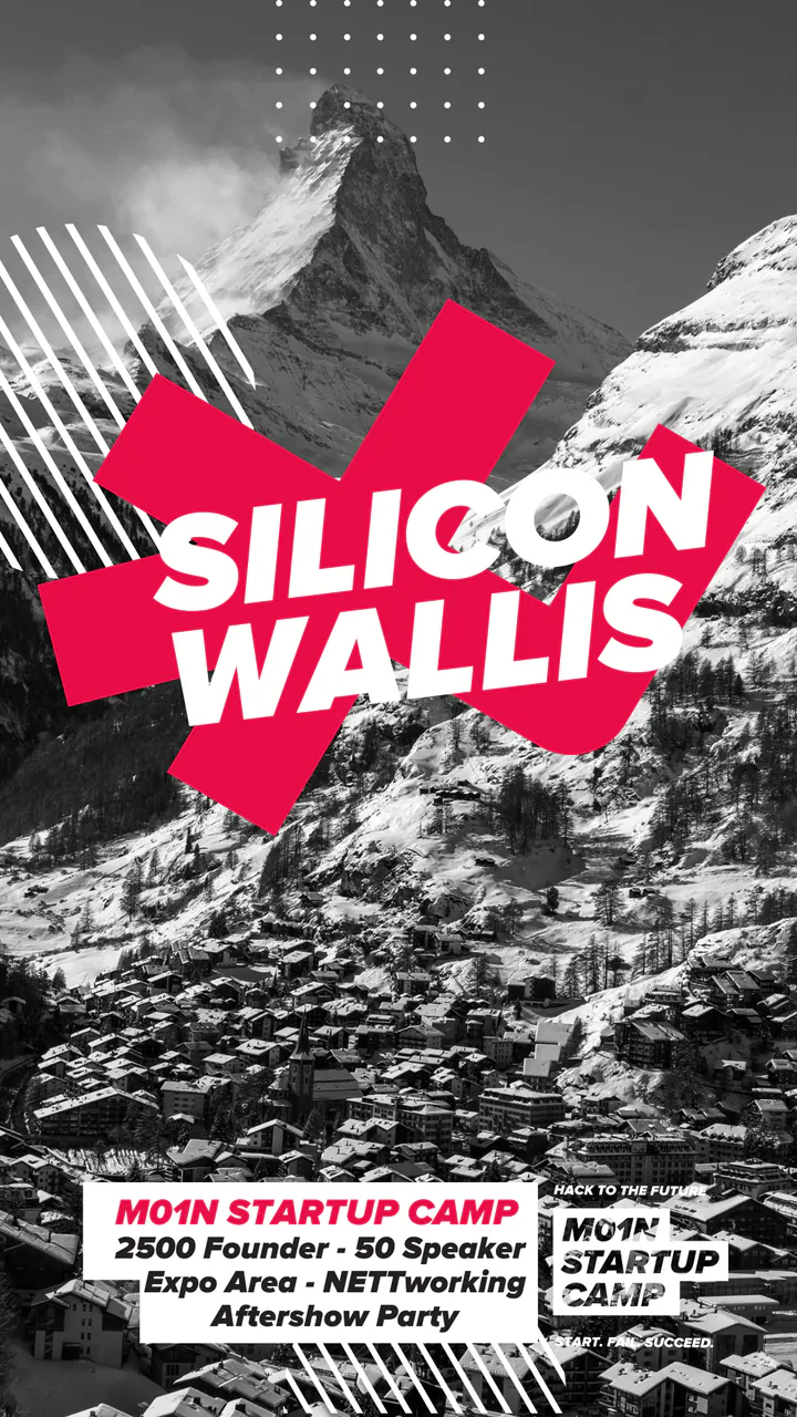 M01N Startup Camp poster “Silicon Wallis”: the slogan on the red M01N mark over a black-and-white photo of the Matterhorn above Zermatt